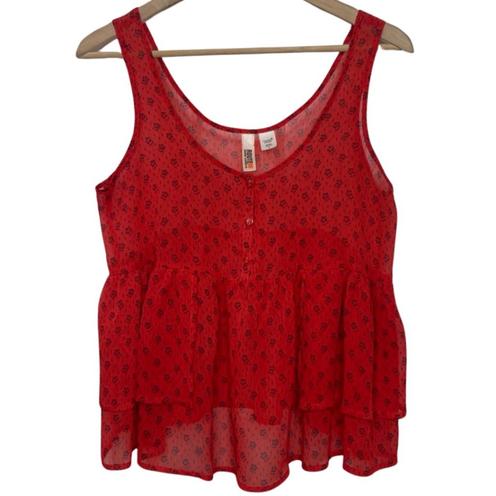 ROUTE 66 | Red & Black Side Ruffle Sheer Sleeveless Blouse | Size M